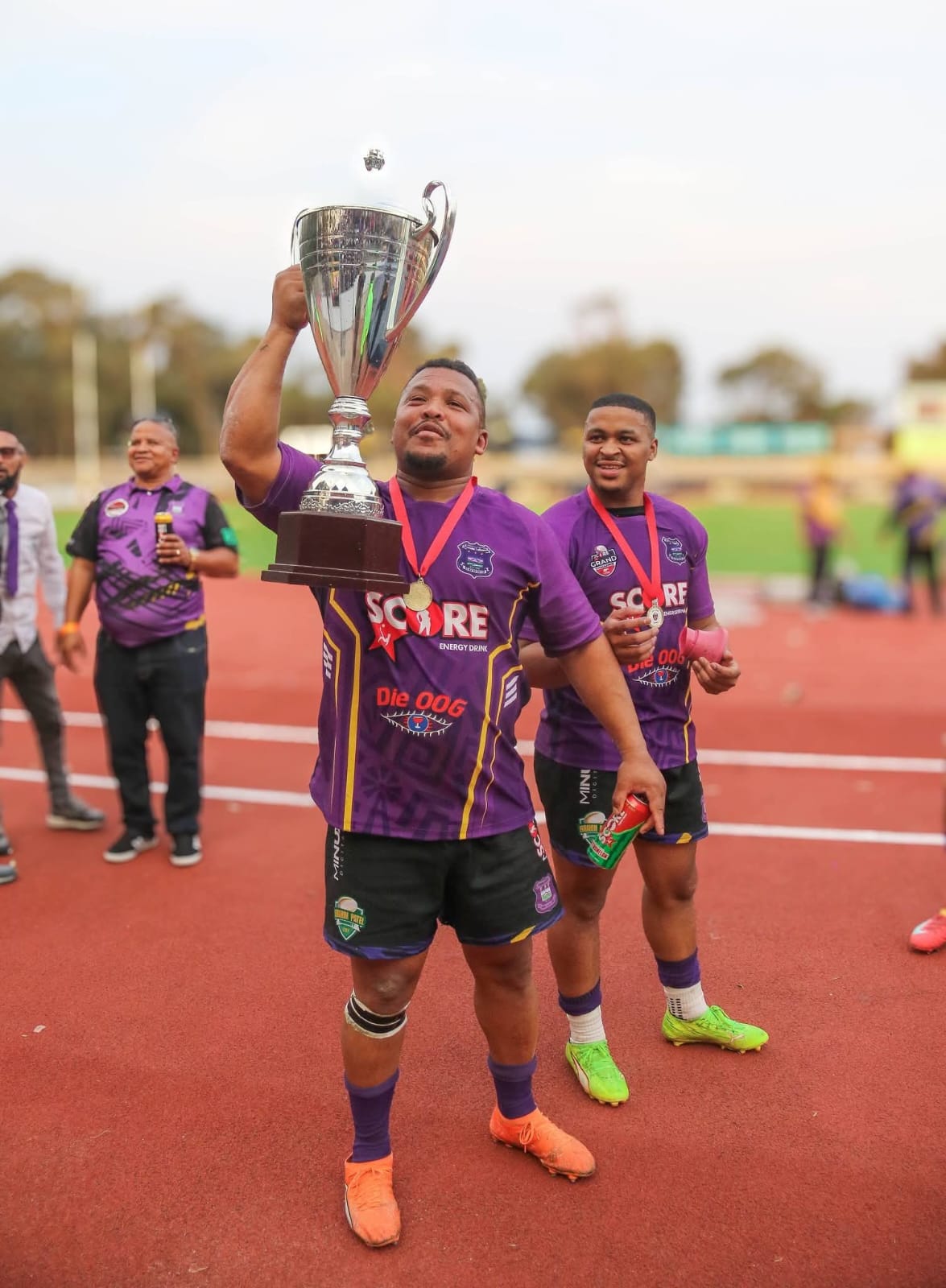 Kruisfontein United players celebrate after winning the 2026 Score Grand Challenge final.