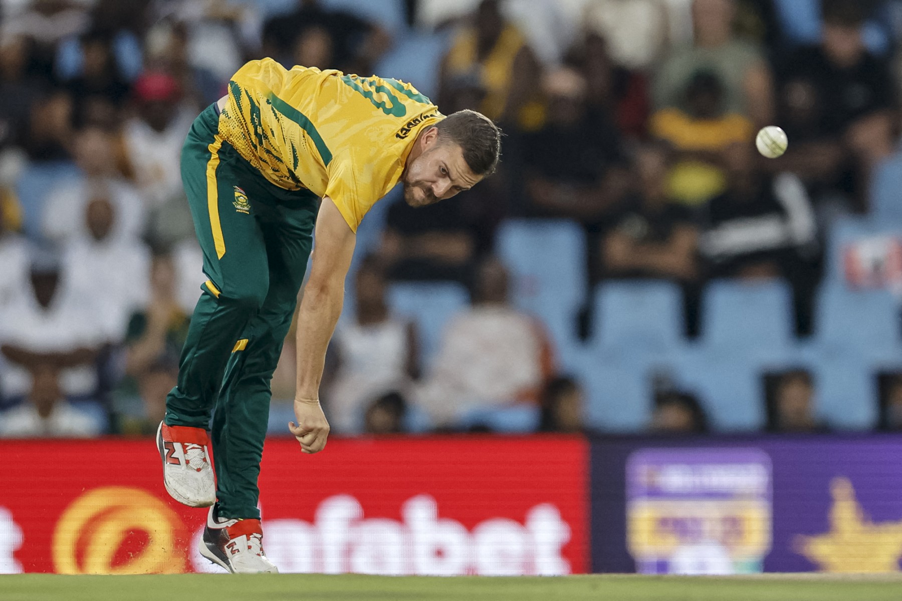 South Africa's Anrich Nortje delivers a ball during the second Twenty20 international cricket match between South Africa and West Indies at SuperSport Park in Centurion on January 29, 2026.