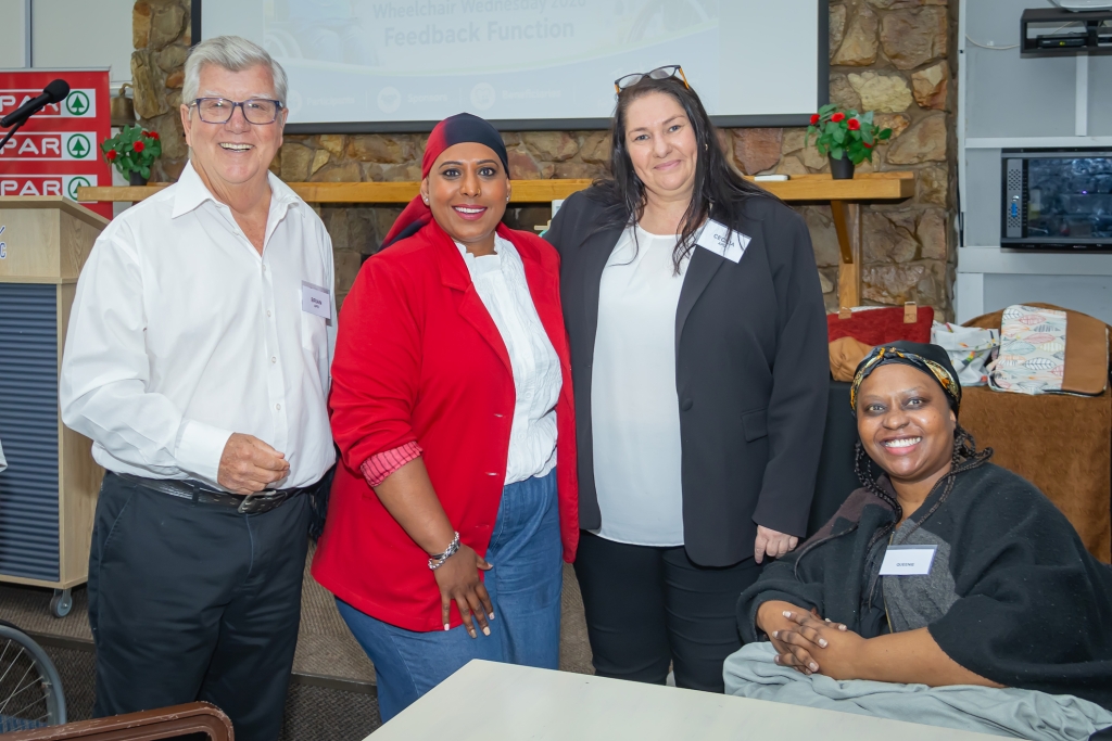 Attending the SPAR Wheelchair Wednesday handover ceremony at the Port Elizabeth Golf Club were, from left, APD representative Brian Bezuidenhout, programme director Roseann Shadrach, APD director Cecilia Fourie and radio personality Queenie Grootboom.