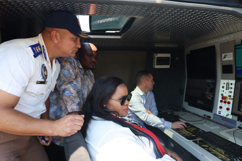 Mayor Lobishe views the Mobile Surveillance Vehicle’s control console during the launch on 8 October.