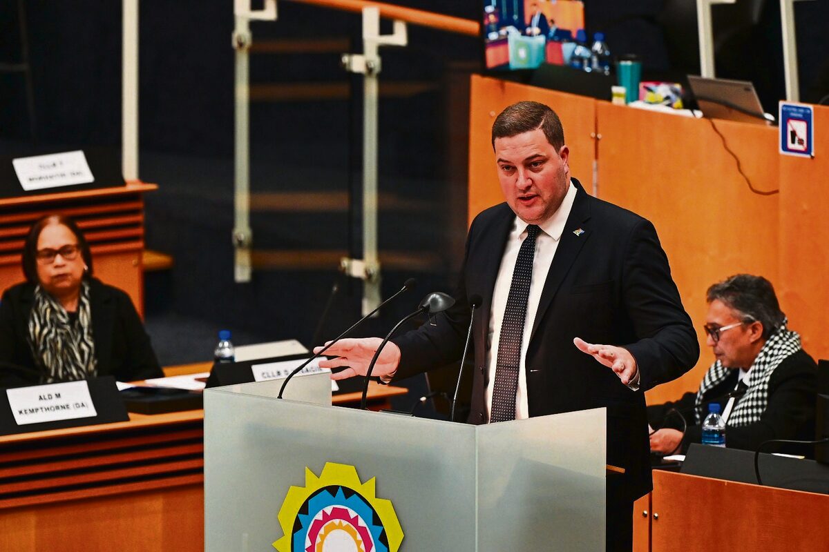 ape Town Mayor Geordin Hill-Lewis addressing City Council on the adoption of the metro's 2025/26 budget on 26 June
