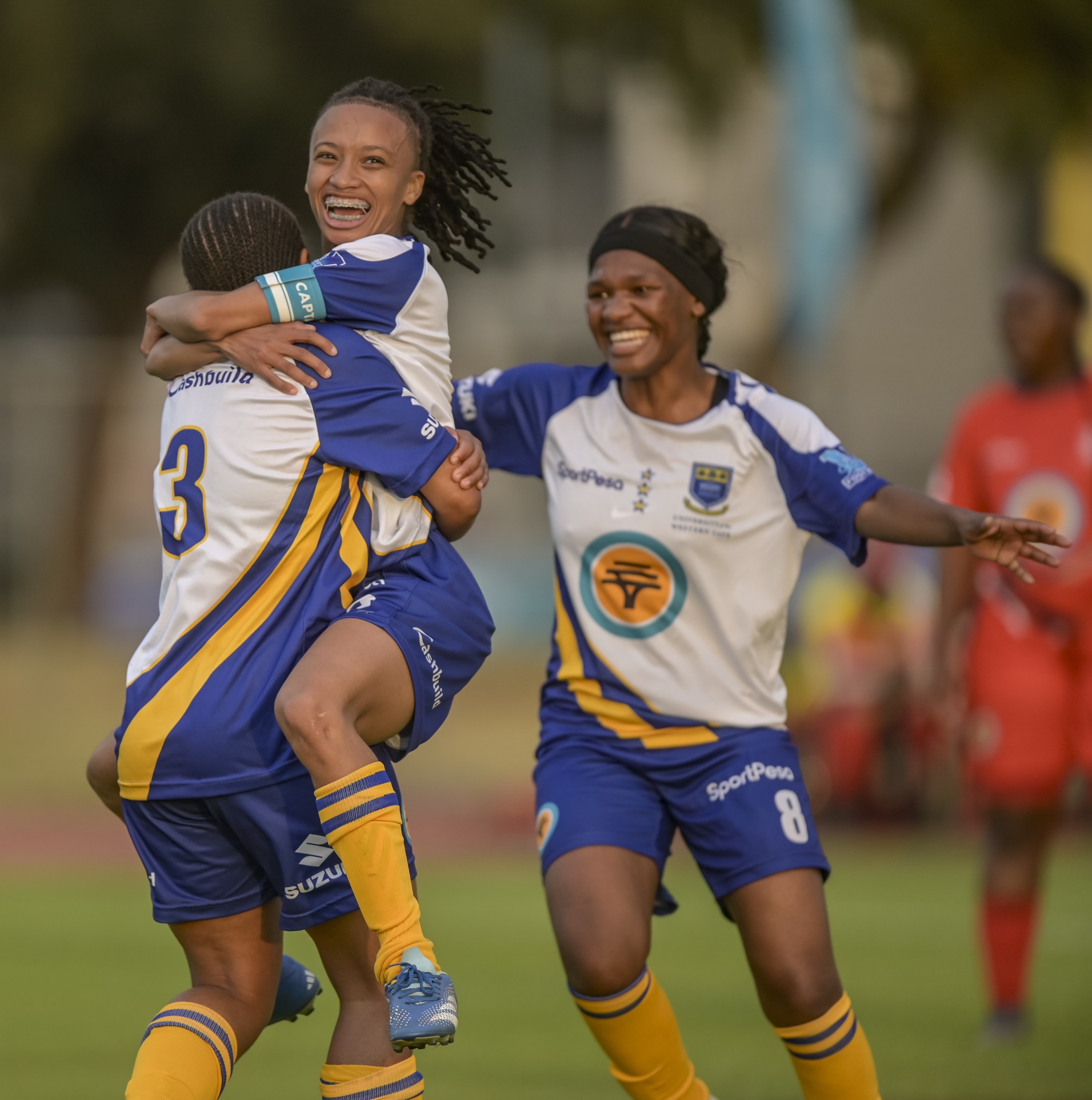 Tiffany Kortjie Captain of UWC and Akholiwe Matsotsi of UWC celebrating after scoring a goal during their commanding 10-0 victory in Round 2 of Varsity Women's Football. Photo: Christiaan Kotze/ Asem Engage