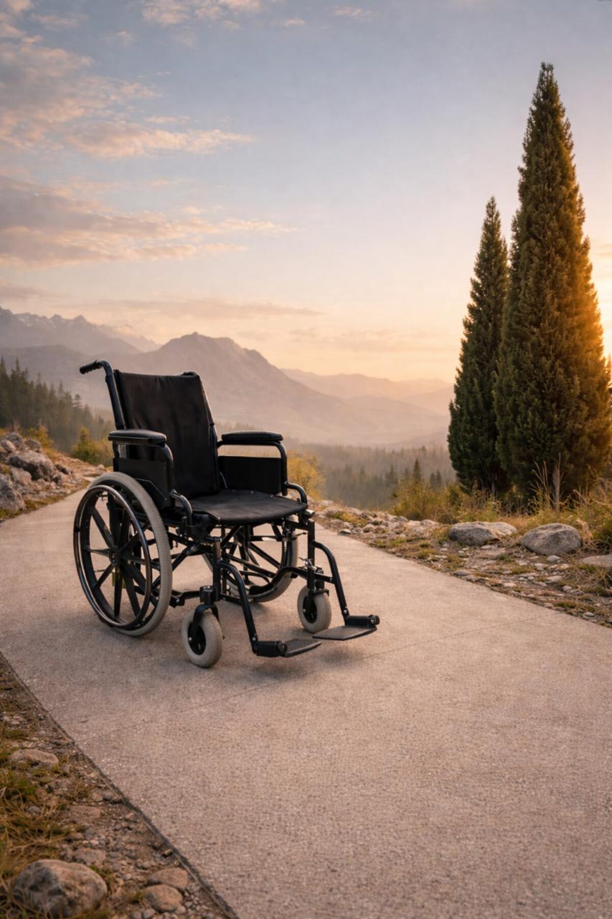 All-terrain wheelchair parked on a gravel path at Mowbray Cemetery, showing accessible route to graves.