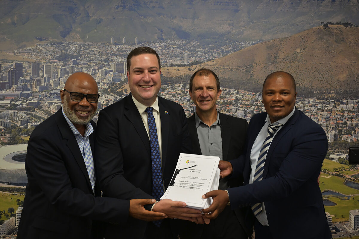Presenting the draf budget, are from left are City Manager Lungelo Mbandazayo, Mayor Geordin Hill-Lewis, CFO Kevin Jacoby and Mayco member for inance, Siseko Mbandezi.