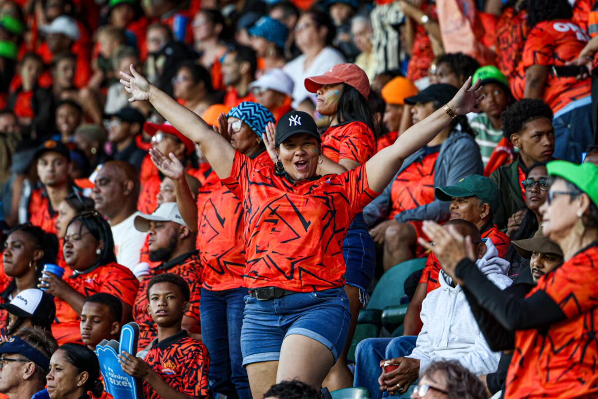 Spectators fill the pavilion at Newlands Cricket Ground during a Betway SA20 match, with Table Mountain visible in the background