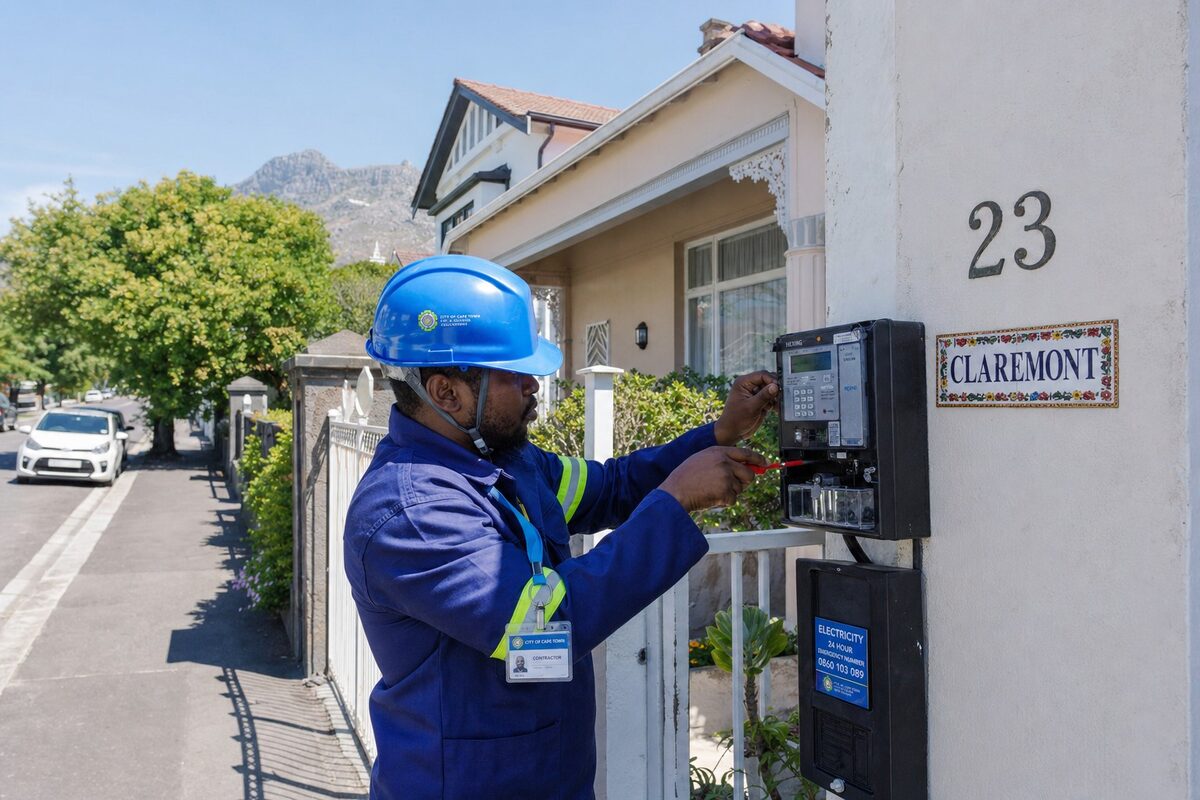 A City of Cape Town contractor installs a new prepaid smart electricity meter outside a Claremont home.