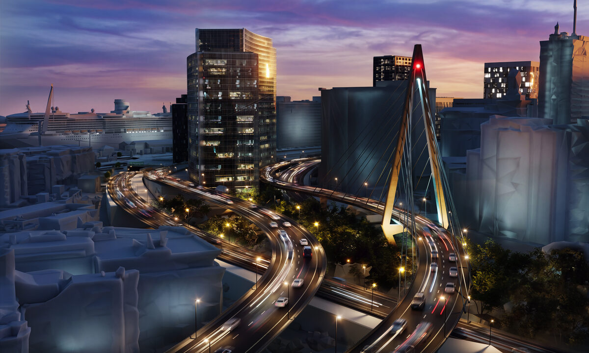 The model depicts the City’s proposals for the precinct, including a new bridge to link the inbound freeway to Helen Suzman Boulevard, bypassing Buitengracht below. The visuals demonstrate what the new infrastructure could look like at night and during the day, and the proposal for a park and public open space under the link bridge.