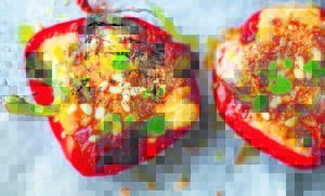 Lentil Bolognese stuffed red peppers