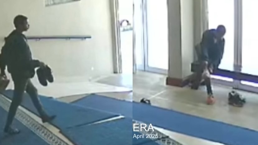 In 'n video wat op sosiale media gedeel word, kan gesien word hoe die boef by die moskee ingaan, rondkyk en verskeie pare skoene uit 'n skoenrak haal.