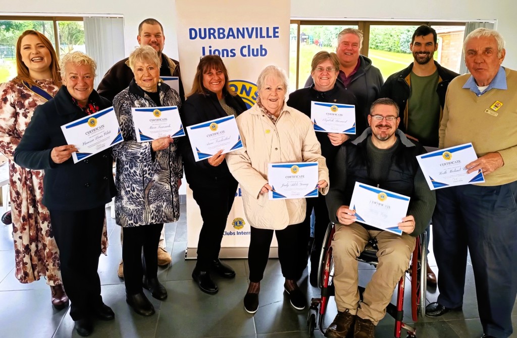 Certificates of appreciation were handed out to members of the Durbanville Lions Club, (from left)  Vanessa Velati, Mari Treurnich, Anne Friedenthal, Judy Young, Elizabeth Barnard, Brian Gray and Keith Shaw. Behind them are Danielle Cronje (club president), De Wett Cronje, André Kock and Viljoen van Heerden.