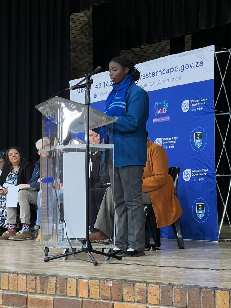 Mondale pupil Imaan Dire addresses the Planet Youth launch in the school’s hall on Thursday 24 July.