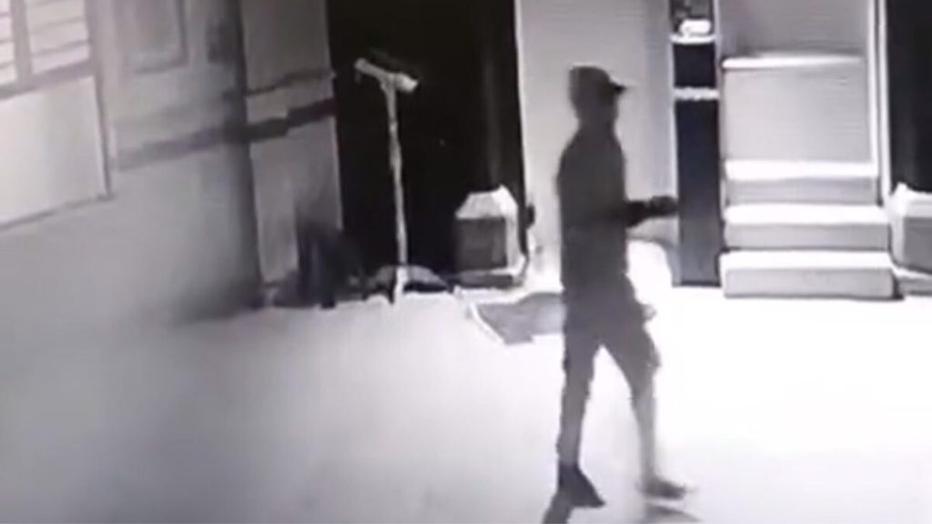 A still taken from Masjiedul Bahr’s camera feed of a burglar moving around the sacred area of the mosque.