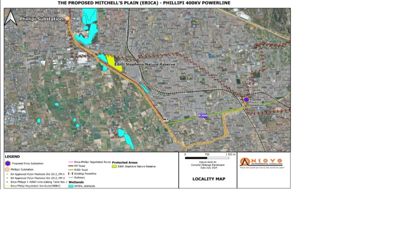 The pink line is the proposed route of the pylons to channel electricity through Mitchell's Plain.