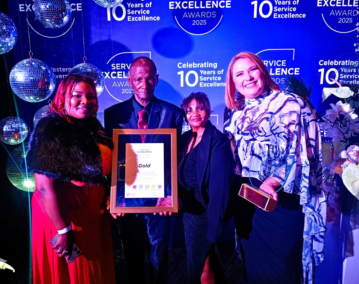 The Mosselbank River Conservation Team (MRCT) in Fisantekraal and Greenville won gold as the best resident performance team or project at the Service Excellence Awards of the Western Cape this past Saturday night at GrandWest. Here with their trophy and certificate are (from left) Victoria Jansen, Christopher Jackson and co-founders Elizabeth Maans and Danielle Cronje.