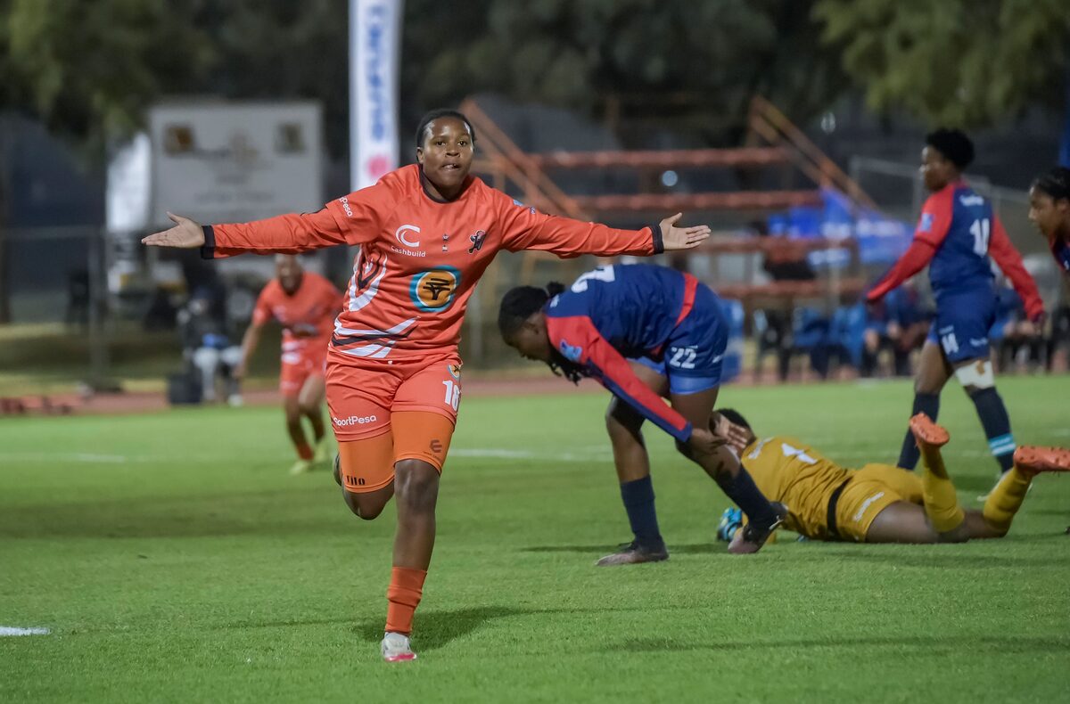 UJ's Shannon Macomo celebrates after scoring her late header to seal a comprehensive 3-0 semi-final victory over TUT. The striker was named Player of the Match. Photo: Christiaan Kotze/ASEM Engage