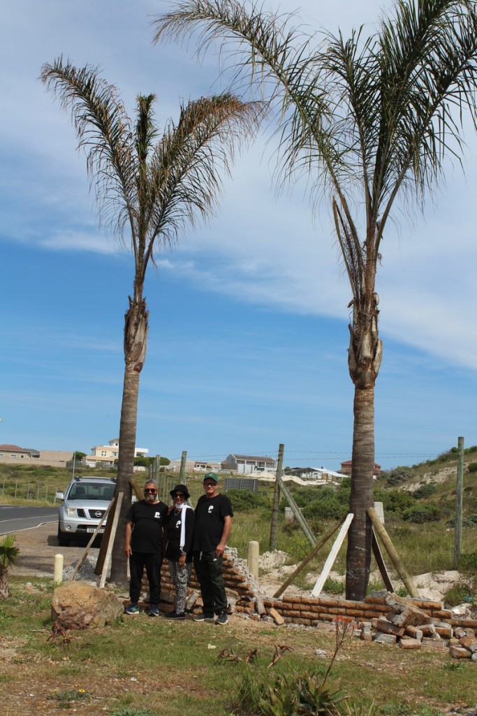 Ismail Janodien, Yoga Govender and Brad Arendse stand beside the broken wall and restored palms at the entrance to Pelican Heights.