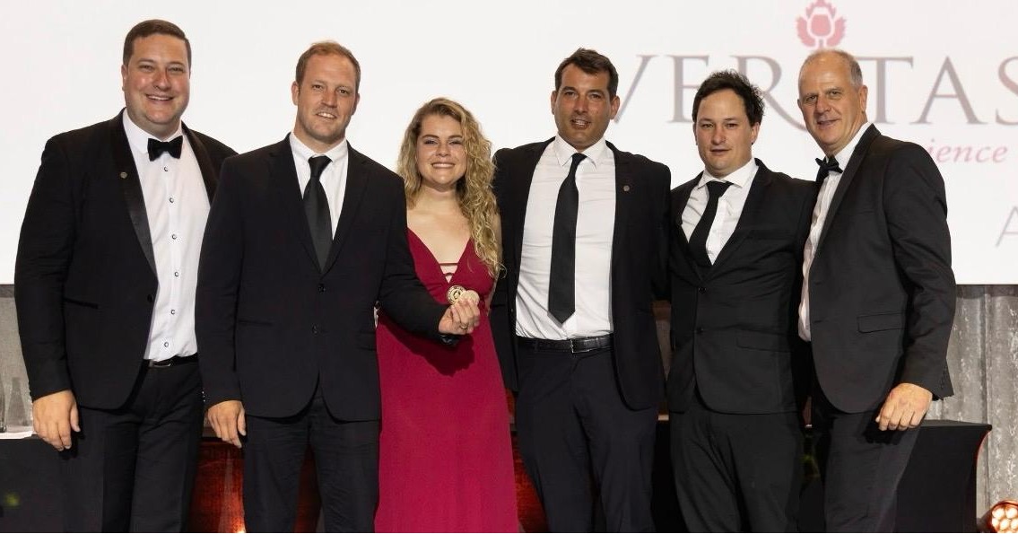 At the Veritas Awards event were (from left) Geordin Hill-Lewis, executive mayor of Cape Town, Diemersdal winemakers Juandré Bruwer, Leana Coetzee, Thys Louw and Reon Richter, and Christo Pienaar, chair of South African National Wine Show Association.