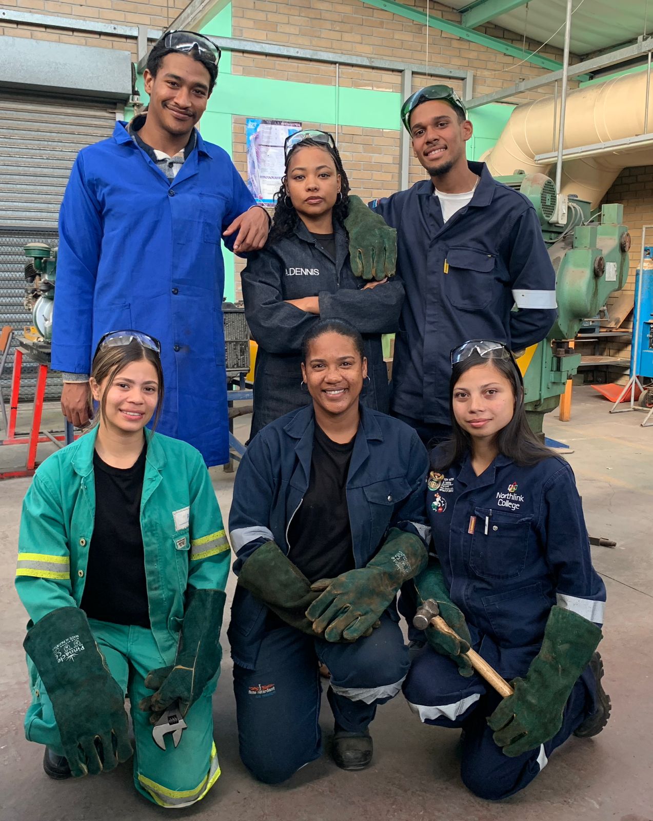 Bottom Middle: Shameema Martin matriculated 2018 (qualified red seal welder) Right: Tiffany Hanson 2018 (3rd year welding student at Northlink) Left: Nadia Caswell matriculated 2022 (1st year apprenticeship John Thompson) Top right: Cole Williams matriculated 2024 ( 1st year learner shop at Cape Town College) and Left: Graeme Velasco matriculated 2020(former welding teacher assistant)