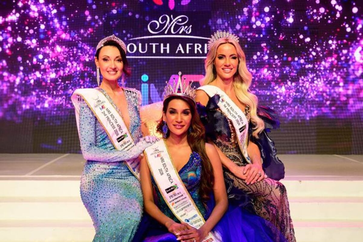 Mrs South Africa 2026 title holders: Verushka Singh as Mrs South Africa, on the right, Carika Bebb as 1st Princess and on the left, Talitha Oosthuizen as 2nd Princess