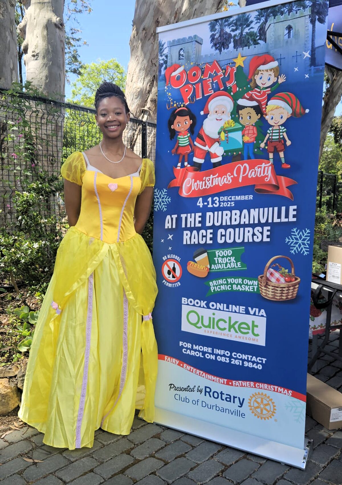 Makaziwe Makade, a member of Rotary International's Rotaract programme for young adults, is all dressed up as the beautiful Belle, one of the fantasy princesses to feature in Oom Piet's Christmas Party. She will greet and entertain the children, along with other beloved characters, including Spider-Man, Elsa, Snow White and Cinderella.
