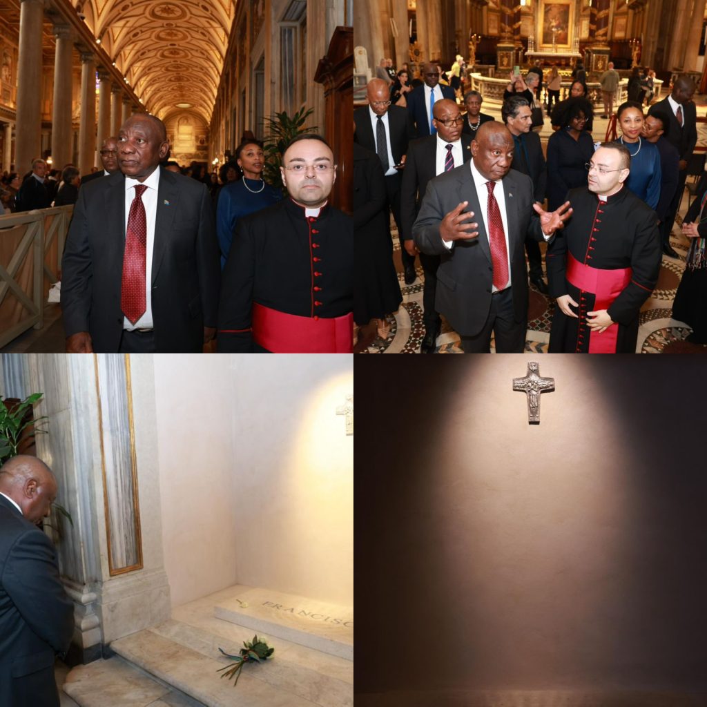 President Ramaphosa  and daughter  Ms Keneilwe Ramaphosa arrive at the Papal  Basilica of Santa Maria Maggoire and is guided to the Tomb of Pope Francis to pay  his respects by laying a bouquet of flower's at the Tomb of Pope Francis.