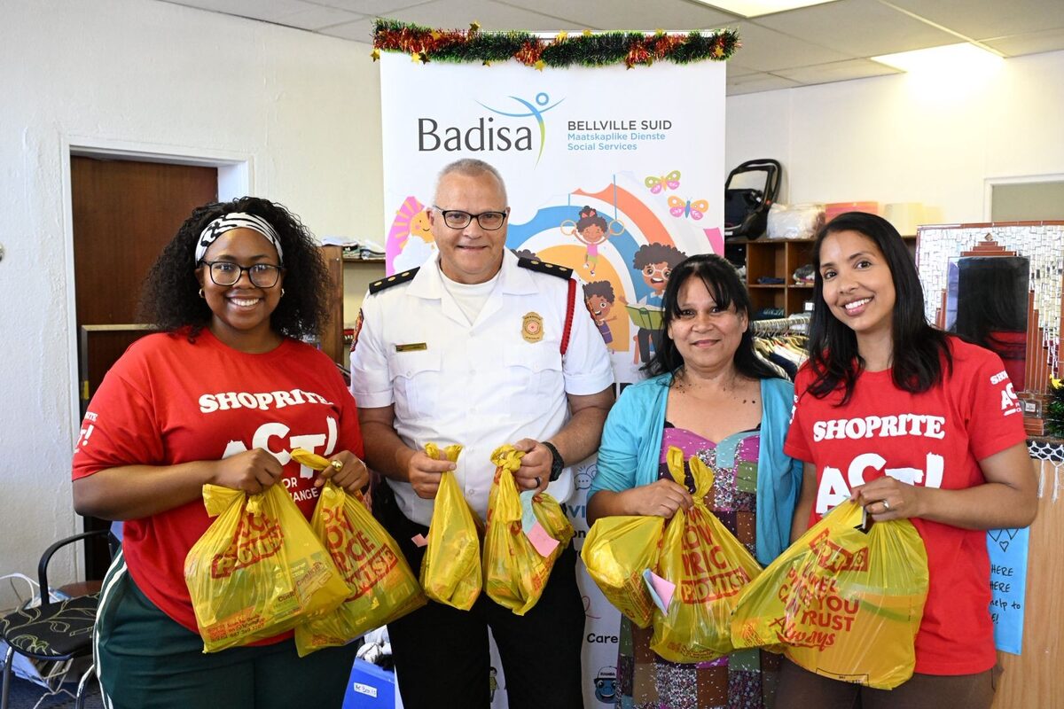 From left are Lwazi Nopote (Shoprite Group), Brackenfell Fire Station Commander, Gene Brand, Ursula van Heerden (Badisa Home) and Faith Davids (Shoprite Group).