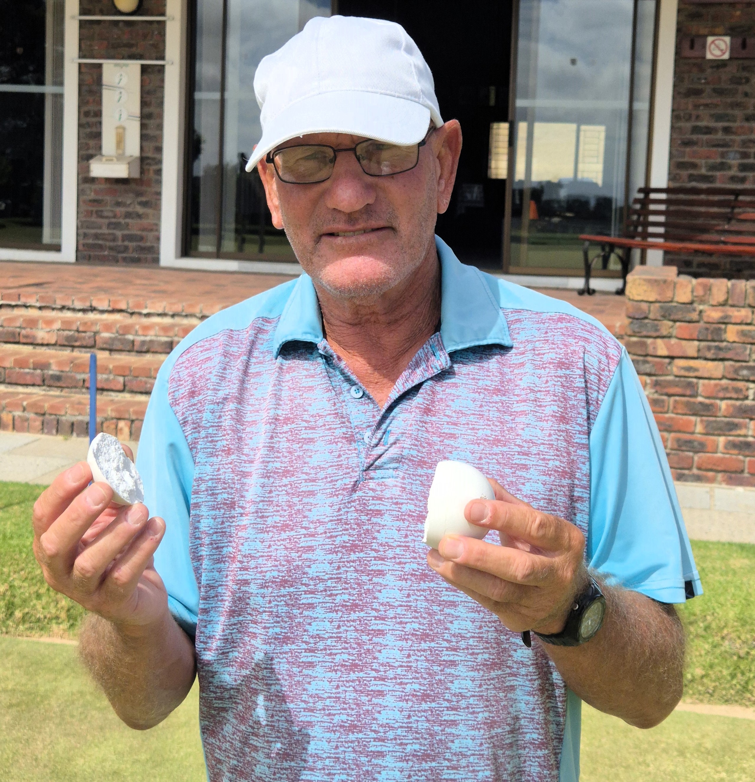 Ripper of the Jack! Etienne Malberbe boasts the bowling jack he recently split in two at Edgemead with one of his powerful driving shots. Photo: Herman Jansen