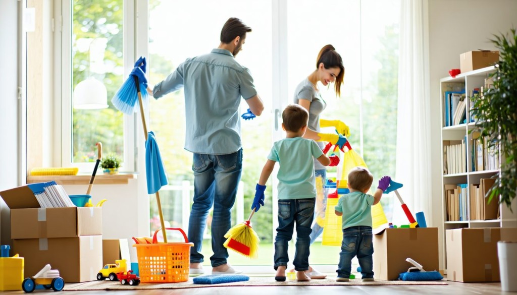 file AI image of a family spring cleaning