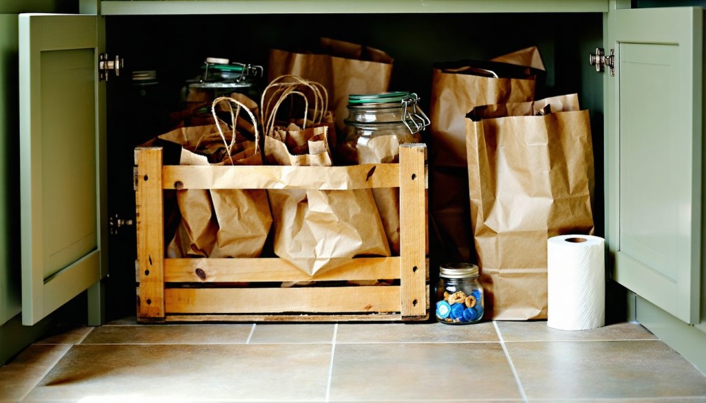 file AI image of stored items for recycling, brown paper bags, jars, crates, etc.