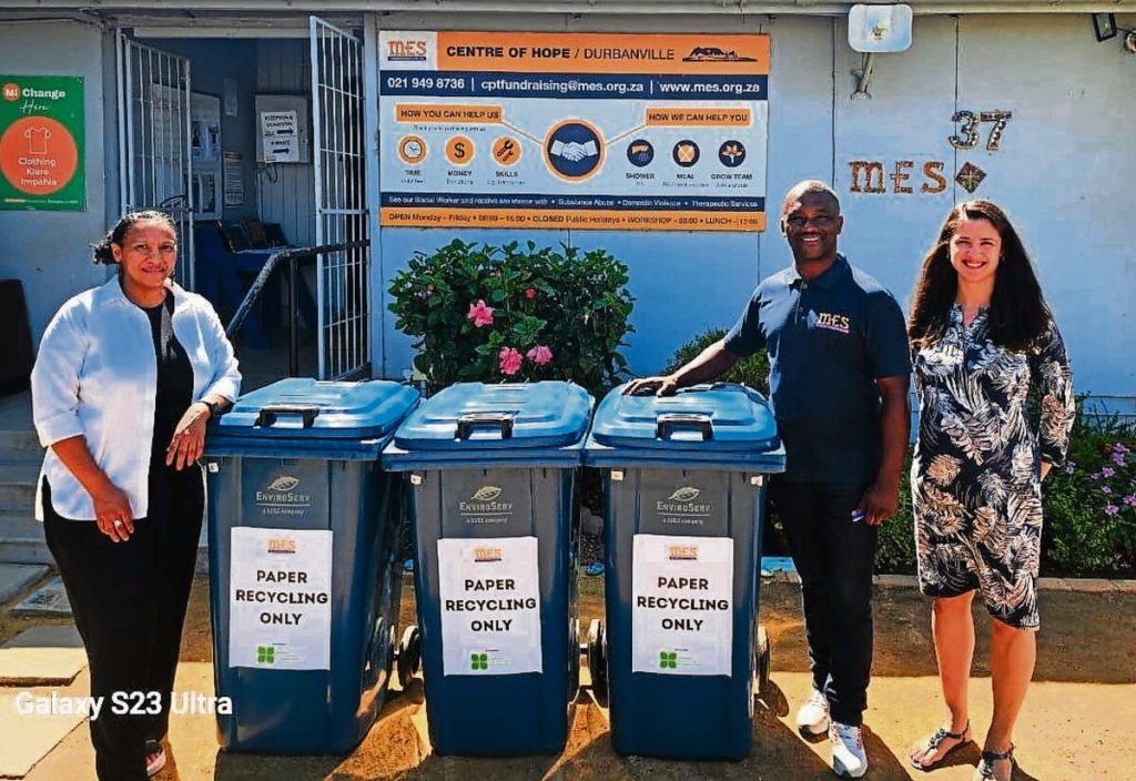 Here with the recycling bins are (from left) Veronica Swartz (MES auxiliary social worker), Earle Jonsen (safe space manager and acting centre manager at MES Durbanville) and Monique Coetzee (vice-chair: IWMSA Western Cape).