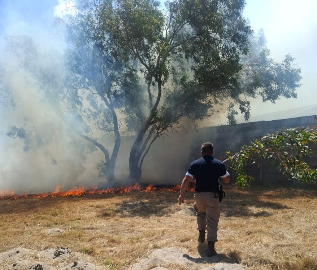 District Watch armed response officer Albert Oberholzer helping to extinguish the fire along the N1.