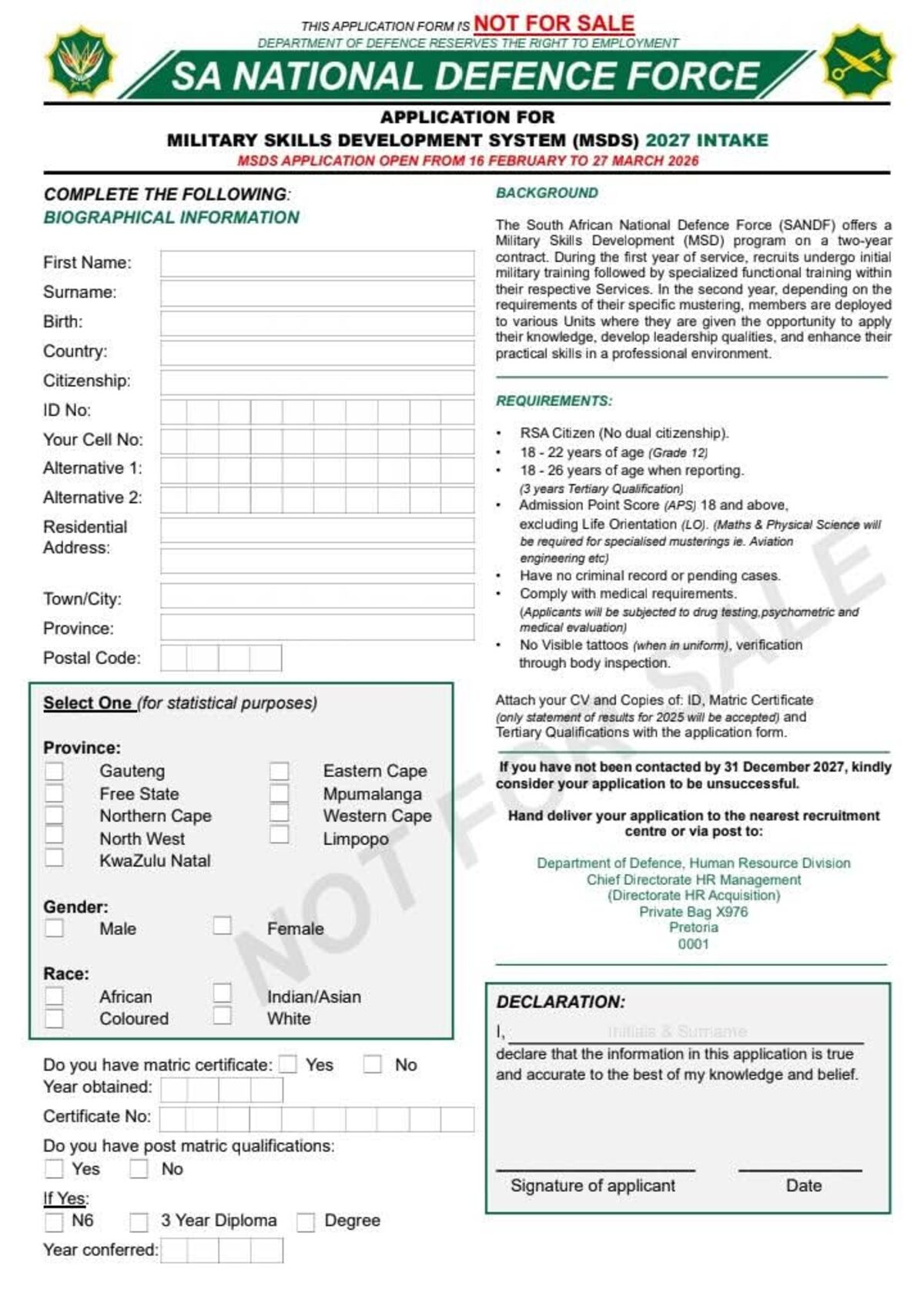 An image of the application form for the SANDF training intake which can be obtained online.