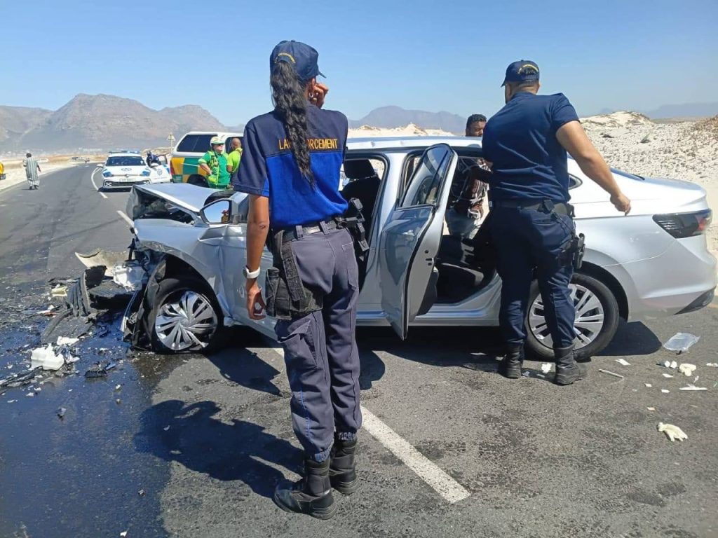 Emergency responders arrive at the scene of an accident in Baden Powell.