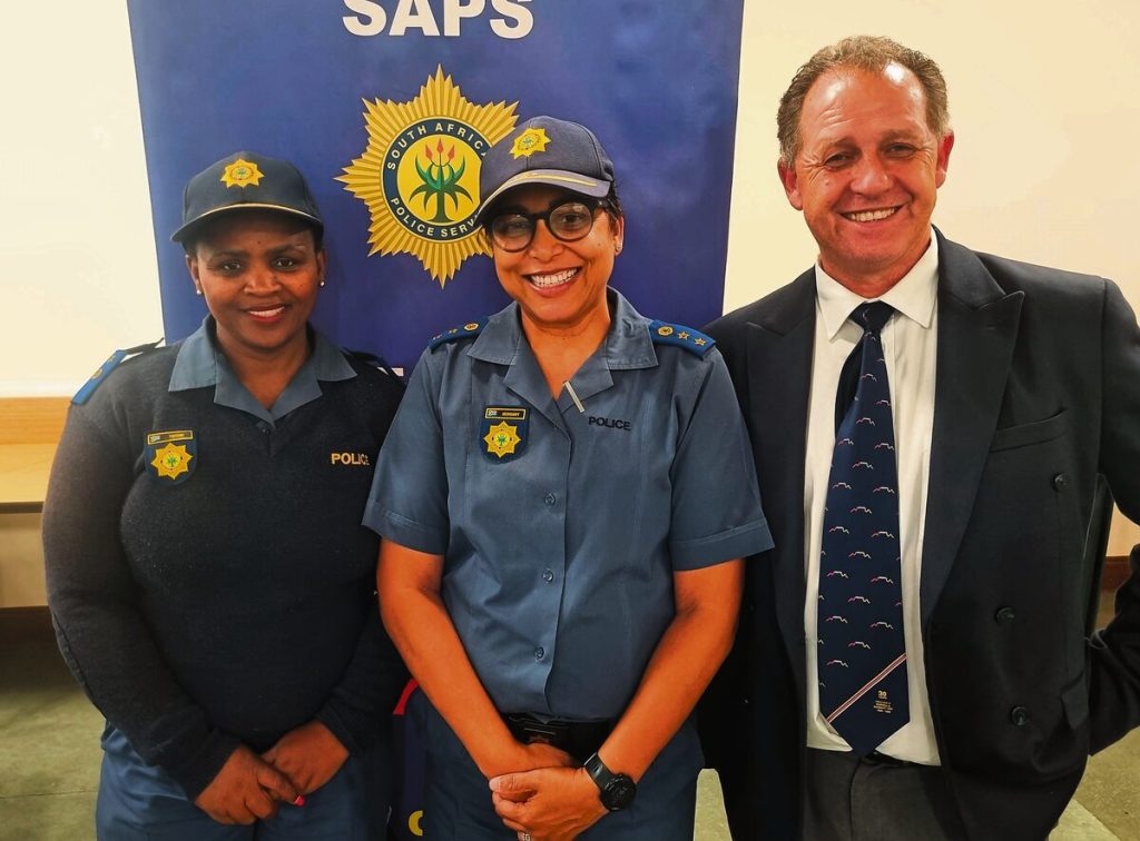 Col Gonum Munsamy, station commander of Durbanville police, is with Lt Col Ntombi Tshomi, commander of visible policing, and Lt Col Christi Esterhuizen, the newly appointed commander of the investigation unit.