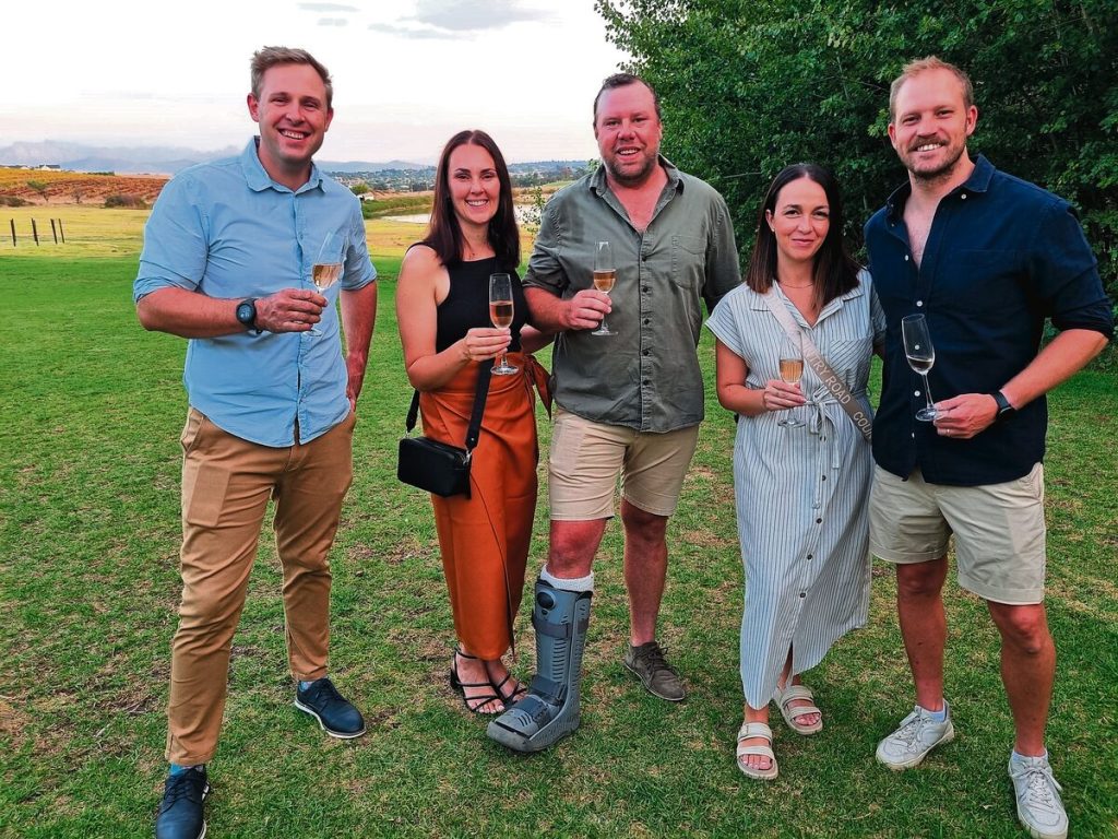 Wade Roger-Lund (far left), cellar master at Meerendal Wine Estate, are with (from left) Nadia and Gerrit Visser. (viriculturist at Diemersdal Wine Estate), Danielle and Juandré Bruwer (winemaker at Diemersdal Wine Estate). Photo: Esmé Erasmus
