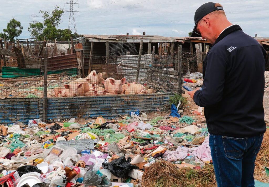 JP Smith, burgemeesterskomiteelid vir veiligheid en sekuriteit, by die onwettige varkboerderye in Kalkfontein.
