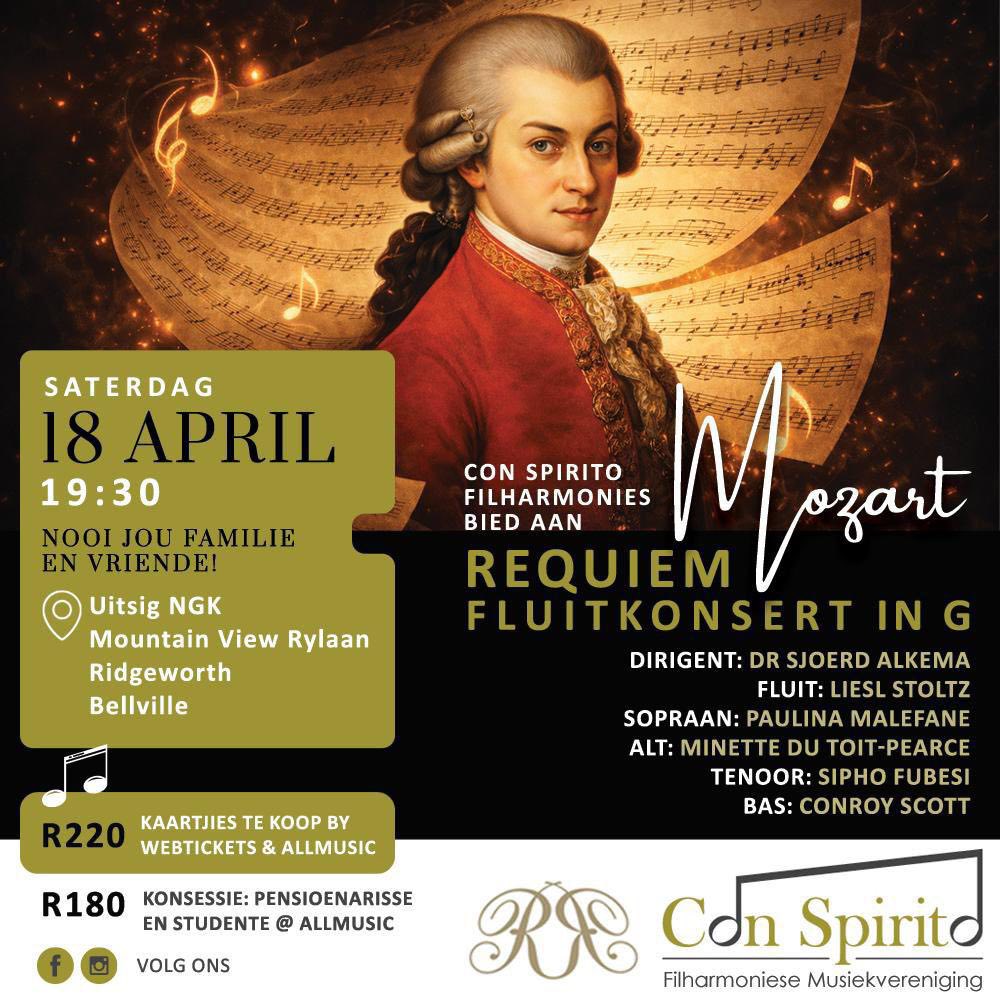Kom vier Mozart saam met Con Spirito Saterdag by die NG kerk Uitsig, Bellville