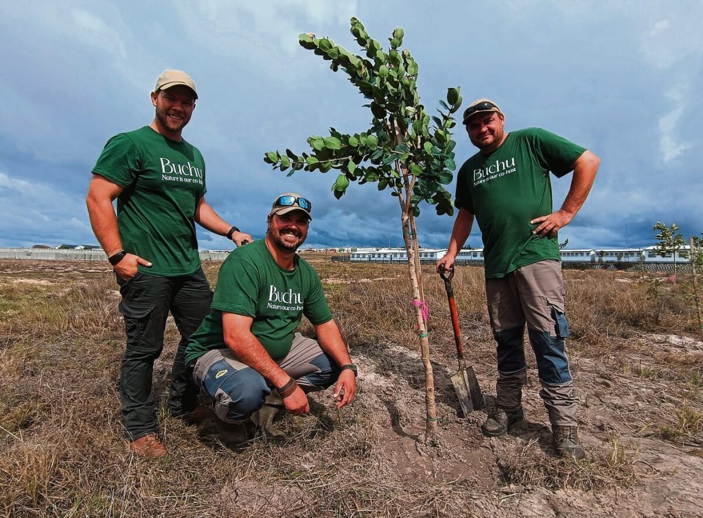Ivan Sonnekus (left), Duane Eksteen (centre) and Evan Jooste from the Buchu Farm assisted with logistics and planting on the day. Photo: Danielle Cronje