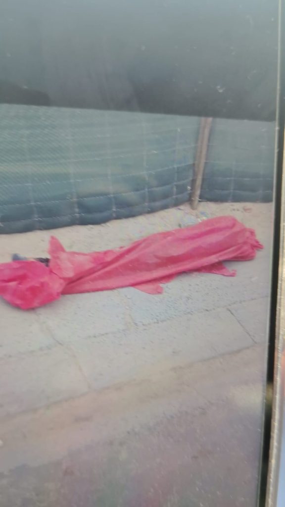 The body-bag looking covering with protruding leg.