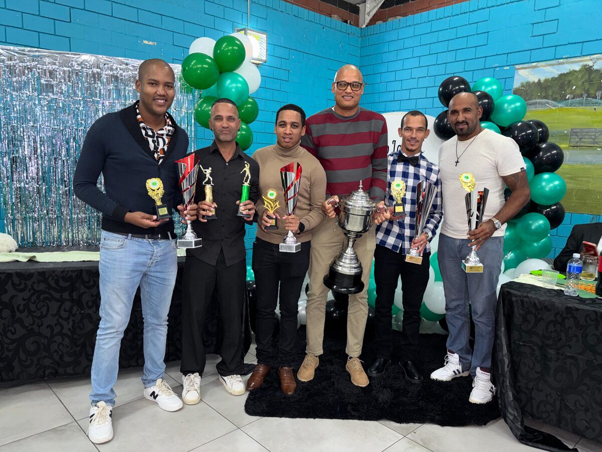 The players who received awards are from left Ettiene Davids (Most Dedicated Player), Tony Bagley (best bowler in the 2nd team), Bevan Abrahams (Player of the Year and Meritorious Awards), Vaughn Koeberg (Sportsman of the Year), Saquile Phillips (Most Improved Player) and Cheslyn Roberts (Impact player of the Year Award)