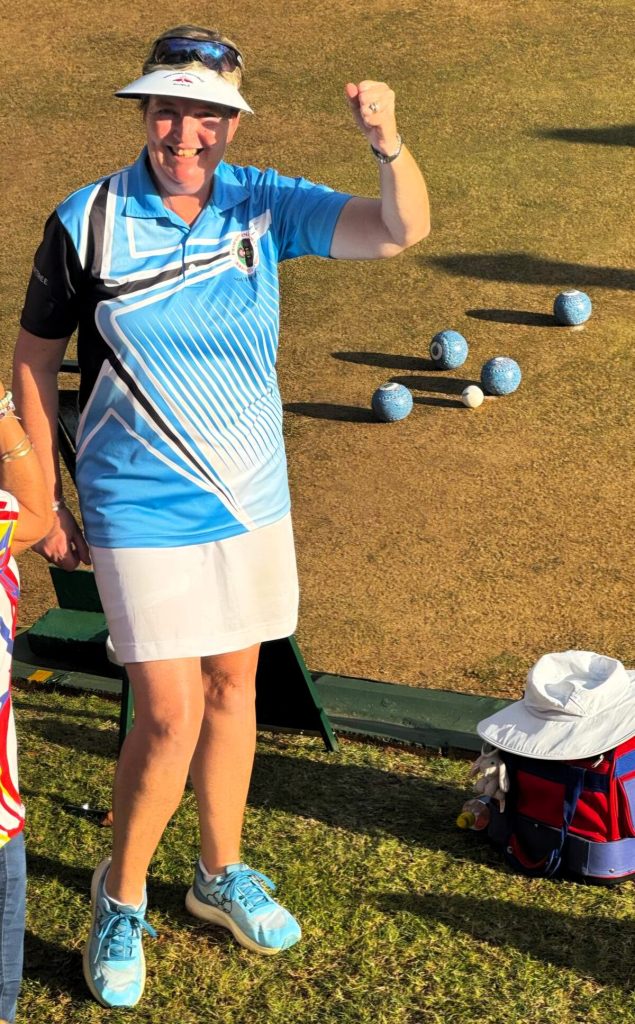 A joyful Debbie Phillips after winning the semi final and qualifying for the finals of the open singles.