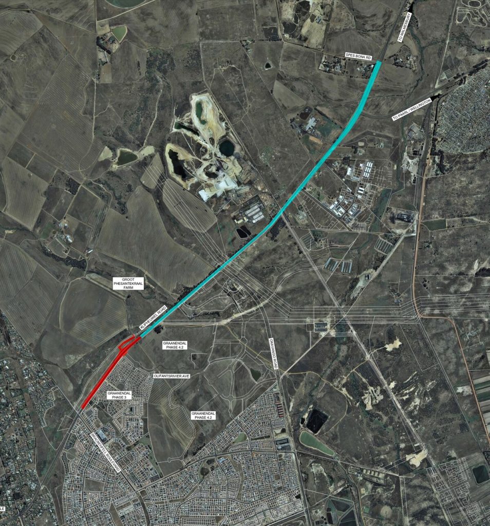 The extent of the first phase of the dualling of Klipheuwel Road is indicated in red.