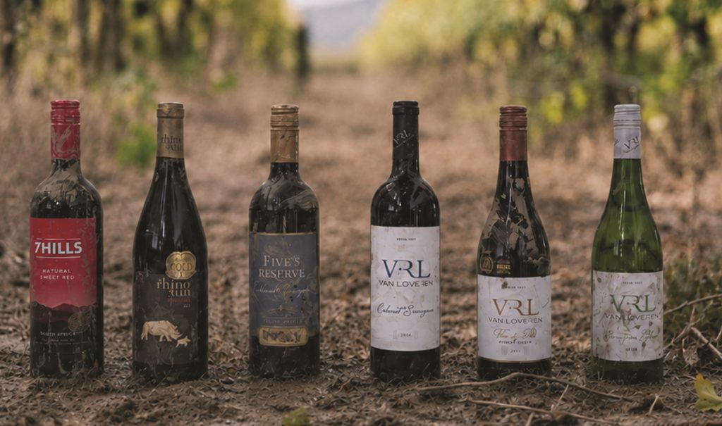 Rescued and mud-stained, Van Loveren's flood bottles stand in the vineyard rows where their story began.