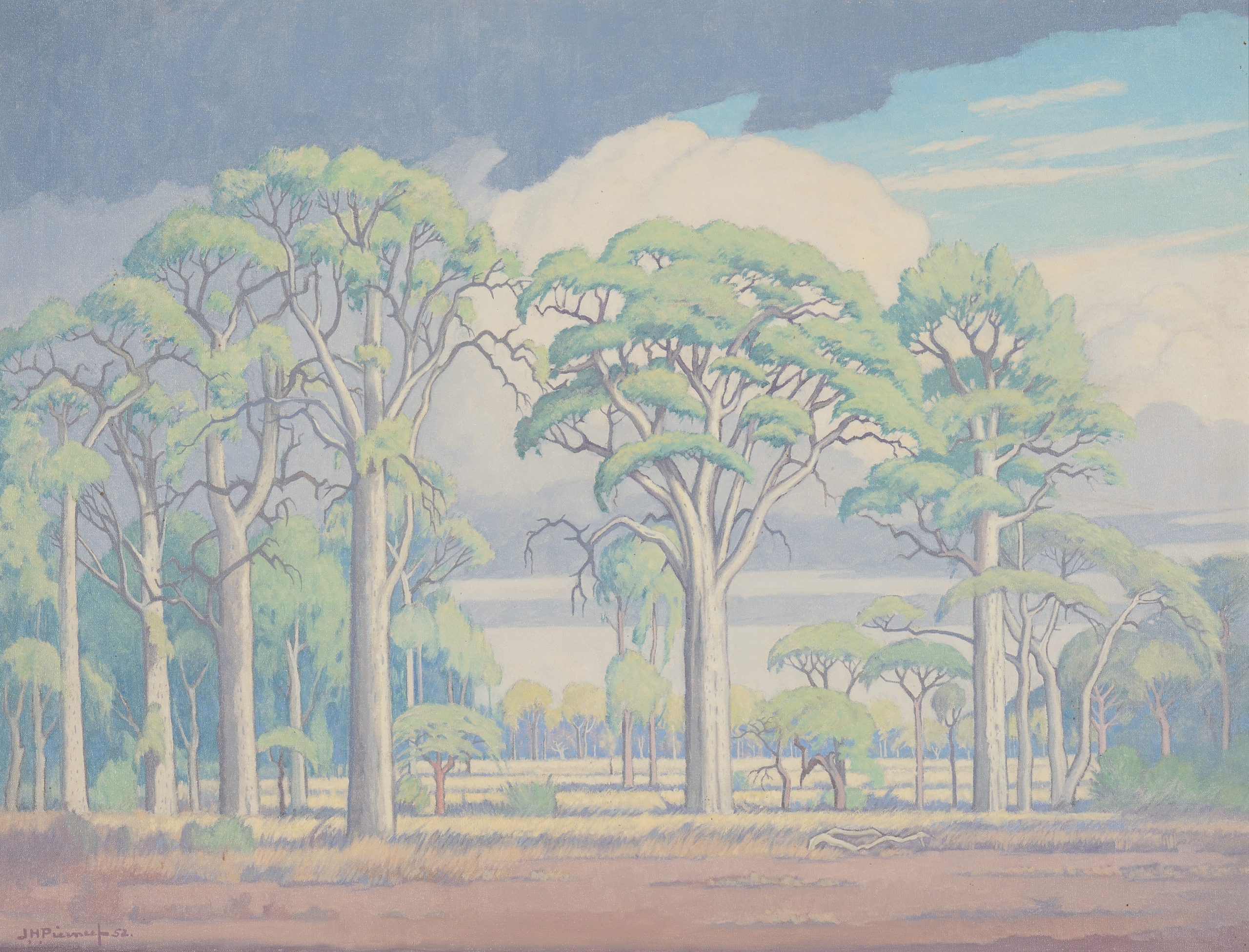 A painting of trees and dark skies from Straus & Co