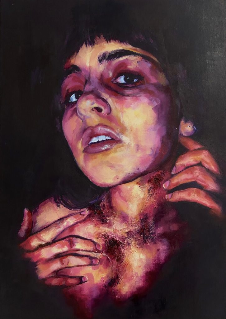The third place winner is Kenah Seba (17) from Durbanville with her painting "Assessing the Damages".