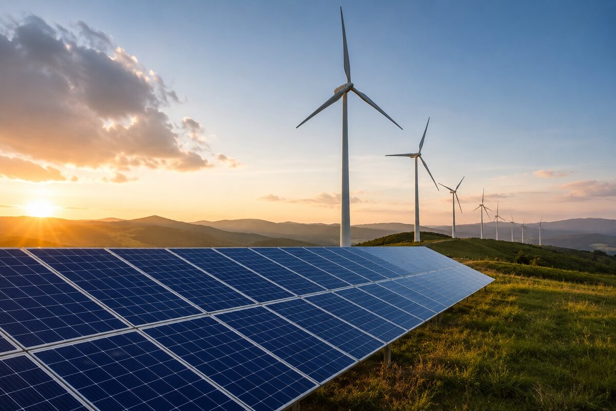 solar panels and wind turbines in an open field