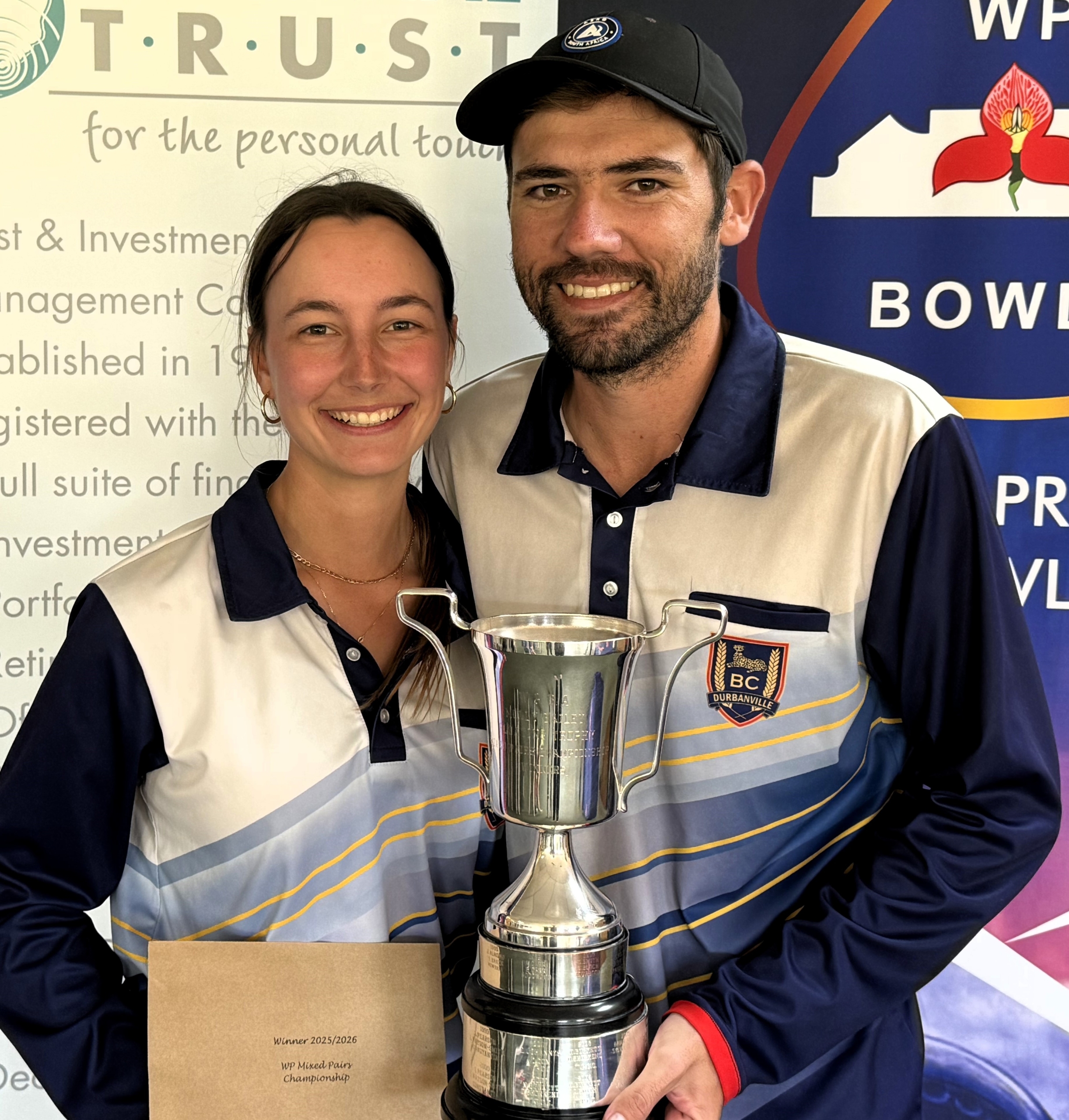 Tyler and Gillian Pitcher boasts of their WP Mixed Pairs trophy. Photo: Eddie Douglas