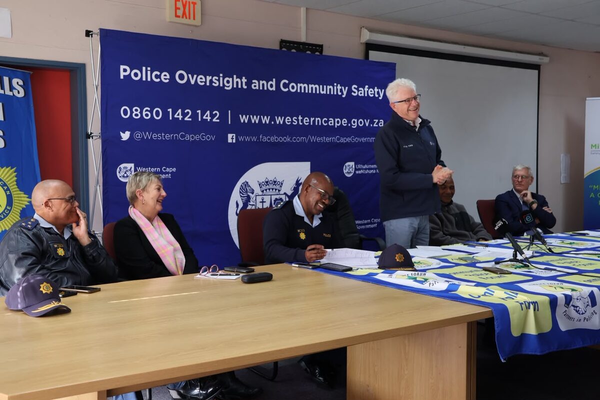 Premier Alan Winde speaking at the lauch. With him from left are Brig. Brian Mulder, MEC Anroux Marais, Maj. Gen. Michael Jojo, Abie Isaacs and Mark Shaw.