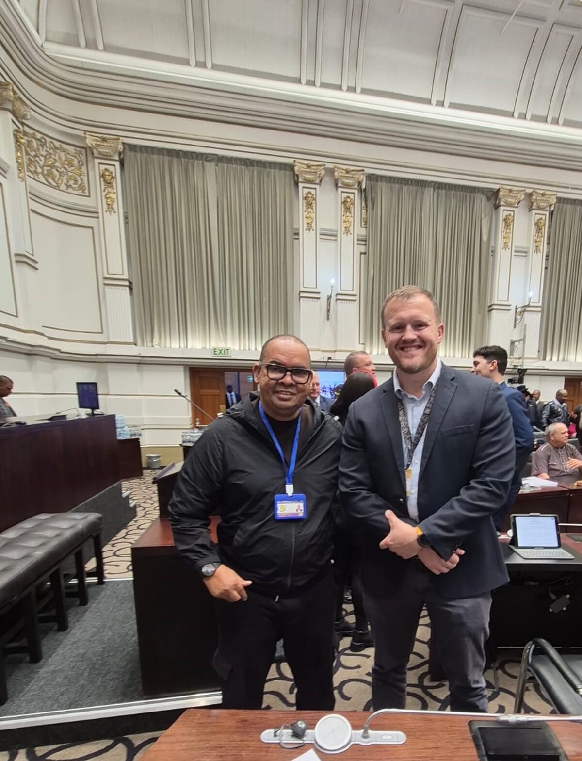 Denver Dreyer with Ian Cameron, chairperson of the Portfolio Committee on Police in Parliament.