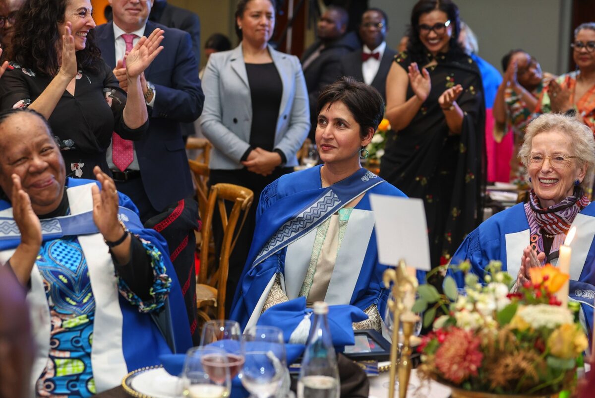 Dr Grace Naledi Pandor, Advocate Adila Hassim and Mary Therese Winifred Robinson after receiving their Honorary Doctorates from the University of the Western Cape on 28 August 2026. Photo: Shelley Christians/UWC